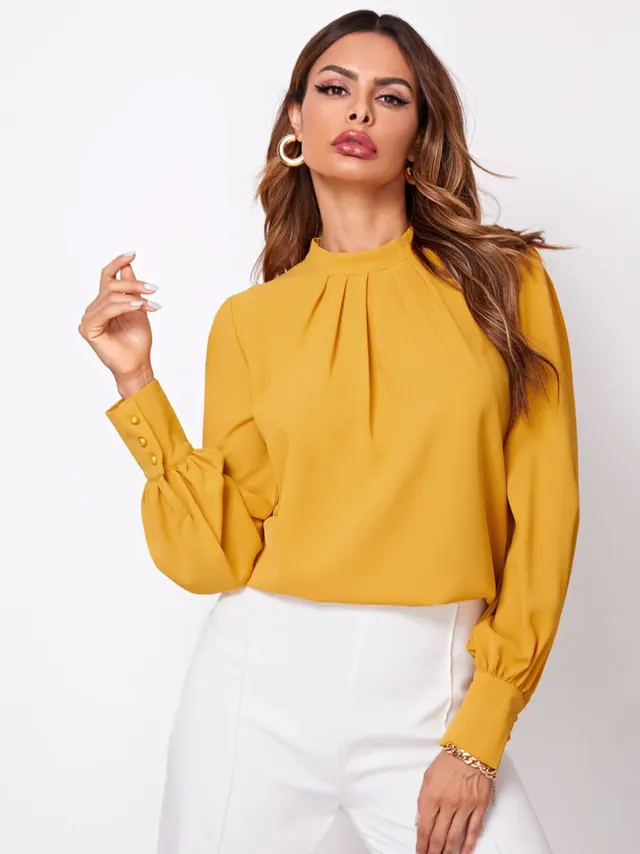 New Style Sleeve Chest Pleated Stand Collar Lady Chiffon Shirt Gold - Shop at LoveMi