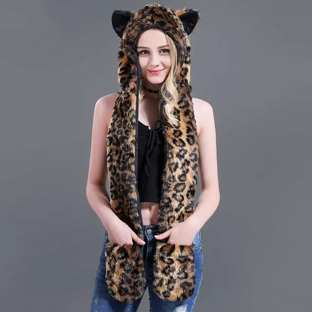 Faux Fur Straw Cartoon Animal Hat Scarf Gloves One Big Leopard Print - Shop at LoveMi