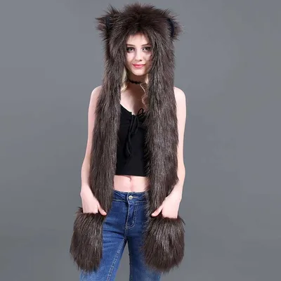 Faux Fur Straw Cartoon Animal Hat Scarf Gloves One Brown - Shop at LoveMi