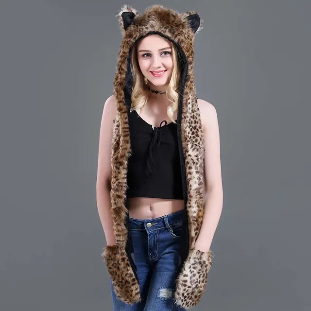 Faux Fur Straw Cartoon Animal Hat Scarf Gloves One Leopard - Shop at LoveMi