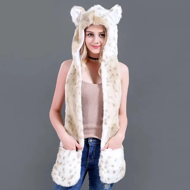 Faux Fur Straw Cartoon Animal Hat Scarf Gloves One Snow Leopard - Shop at LoveMi