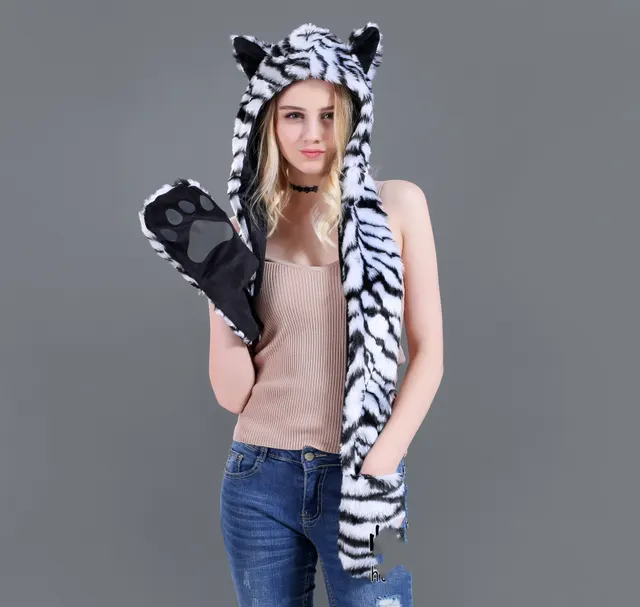 Faux Fur Straw Cartoon Animal Hat Scarf Gloves One White Tiger - Shop at LoveMi