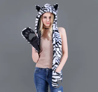 Faux Fur Straw Cartoon Animal Hat Scarf Gloves One - White Tiger