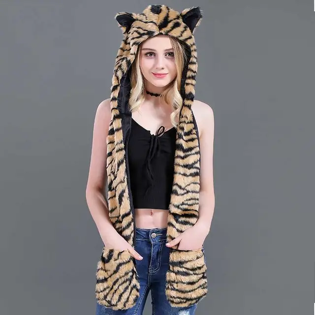 Faux Fur Straw Cartoon Animal Hat Scarf Gloves One Yellow Tiger - Shop at LoveMi