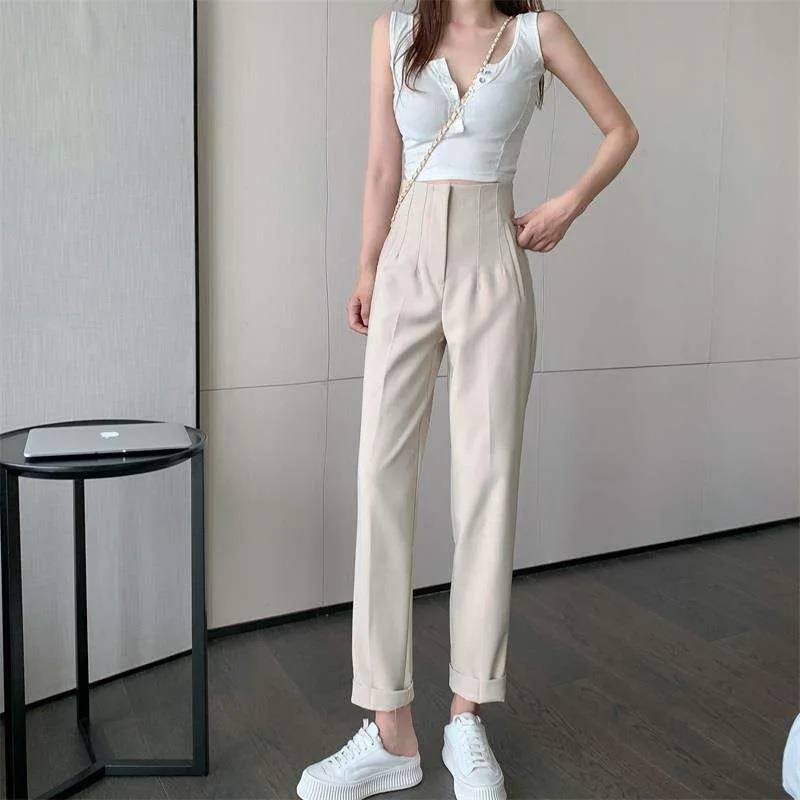Women's Black Casual Summer High Waist Loose Suit Pants Beige - Shop at LoveMi