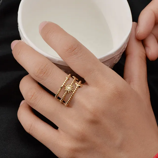 Hollow Six Pointed Star Moon Adjustable Ring Gold - Shop at LoveMi