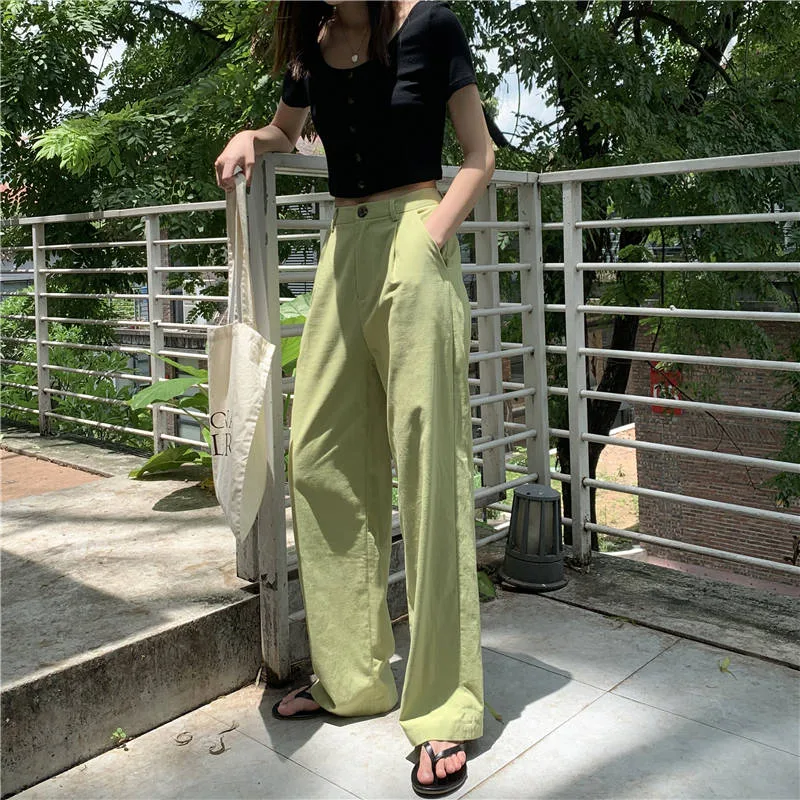 Women's Solid Color Cotton And Linen Loose High Waist Trousers Casual Green - Shop at LoveMi