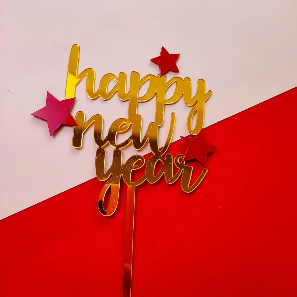 Double layer Snowflake Happy New Year Acrylic Cake Insert Plate Dessert Table Decoration Gold Red - Shop at LoveMi