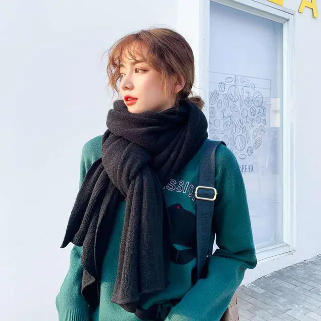 Pure Color Knitted Wool Scarf Women Autumn And Winter Black - Shop at LoveMi