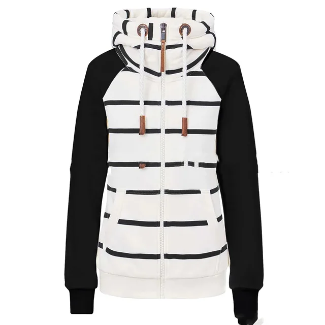 Ladies Striped Zipper Contrast Polyester Hoodie Black - Shop at LoveMi