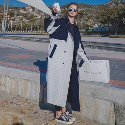 Women's Windbreaker Korean Style Hit Color Double breasted Plaid Fashion Mid length Coat Navy Blue - Shop at LoveMi