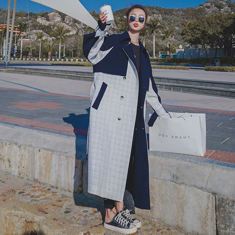 Women's Windbreaker Korean Style Hit Color Double breasted Plaid Fashion Mid length Coat Navy Blue - Shop at LoveMi