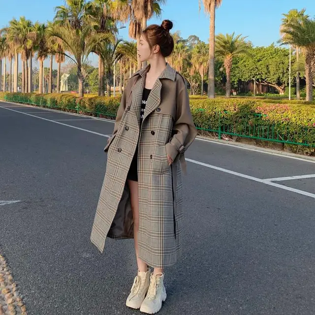 Retro Plaid Windbreaker Women's Mid length Loose And Thin Stitching Jacket Picture Color - Shop at LoveMi