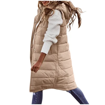 Women's Solid Color Sleeveless Down Jacket Long Winter Coat Khaki - Shop at LoveMi