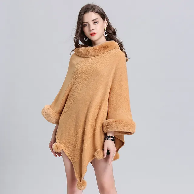 New Style Fox Fur Collar Jacquard Pullover Sweater Shawl Camel - Shop at LoveMi