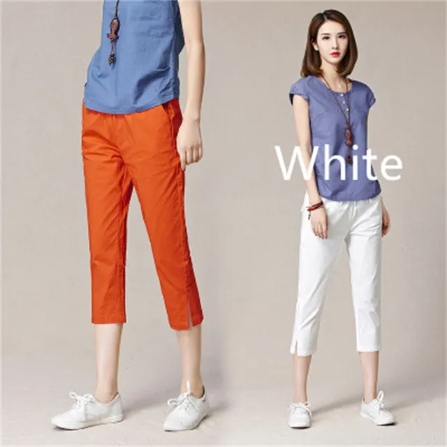 Women's Loose High Waist Casual Pants Linen Cropped Trousers White - Shop at LoveMi
