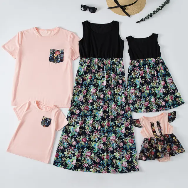 Fashion Waist Stitching Stitching Print Long Dress Parent child Outfit Family Dark Pink - Shop at LoveMi