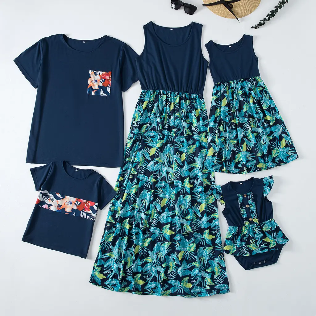 Fashion Waist Stitching Stitching Print Long Dress Parent-child Outfit Family - Green