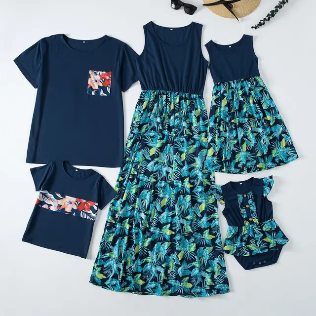 Fashion Waist Stitching Stitching Print Long Dress Parent child Outfit Family Green - Shop at LoveMi