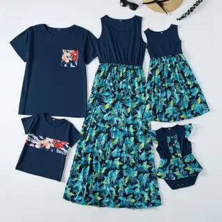 Fashion Waist Stitching Stitching Print Long Dress Parent-child Outfit Family - Green
