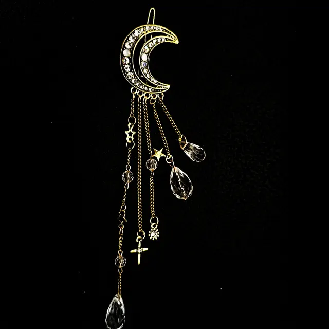 Diamond Studded Moon Tassel Five pointed Star Pendant Side Clip Bronze - Shop at LoveMi