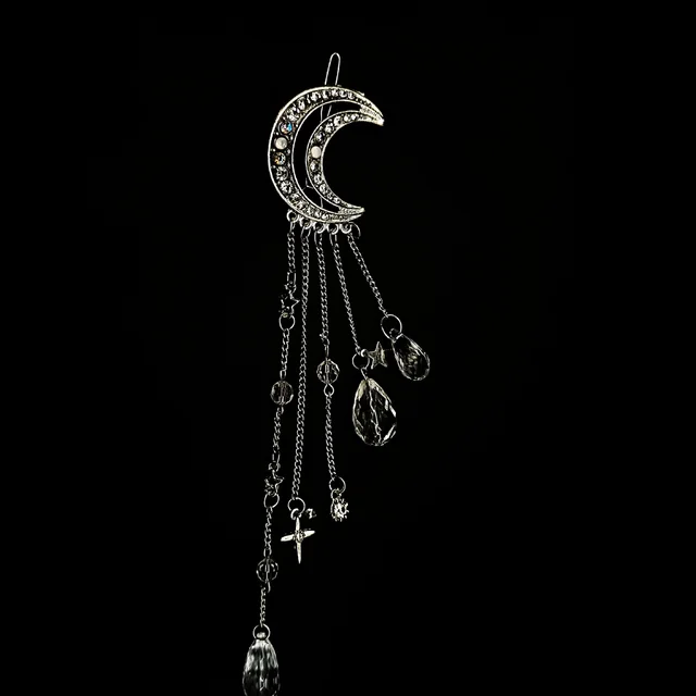 Diamond Studded Moon Tassel Five pointed Star Pendant Side Clip Silver - Shop at LoveMi