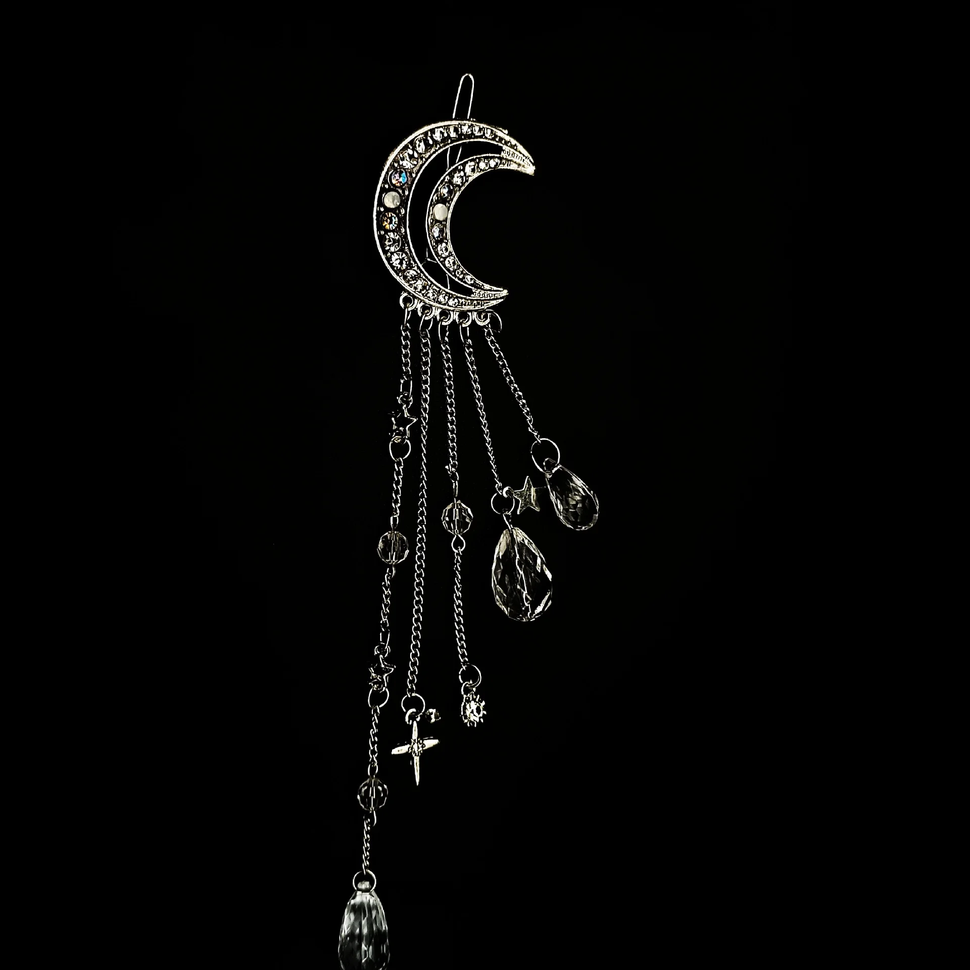 Diamond Studded Moon Tassel Five-pointed Star Pendant Side Clip - Silver