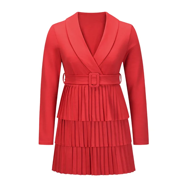 Pleated Mid length Coat Skirt European And American Foreign Trade V neck Design Temperament Coat Red - Shop at LoveMi