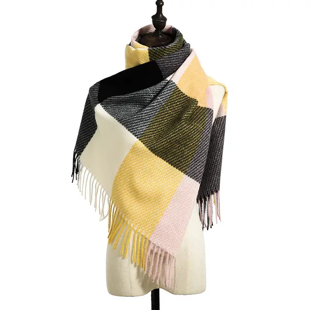 New Cashmere Tassel Thickened Cold And Warm Scarf Black And Yellow - Shop at LoveMi