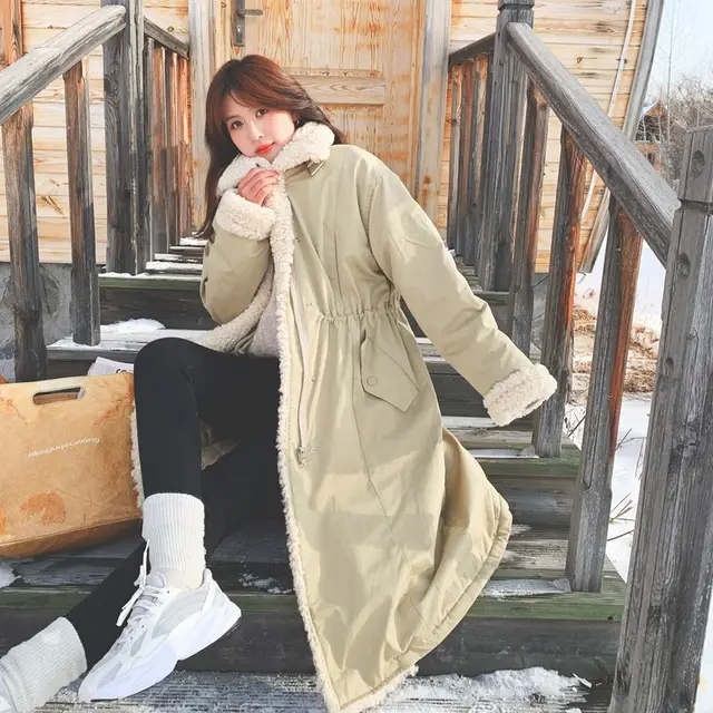 Khaki Waisted Rabbit Fur Lining Cotton Coat Khaki Cotton - Shop at LoveMi