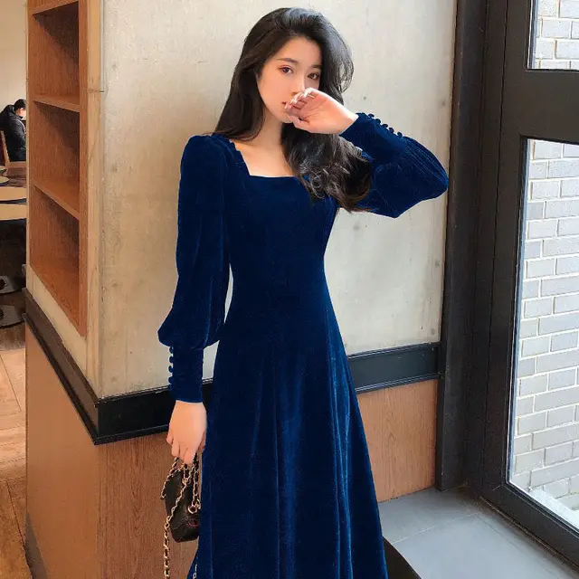 Gold Velvet Women's Slim Square Neck Hepburn Style Autumn And Winter Long Dress Dark Blue - Shop at LoveMi