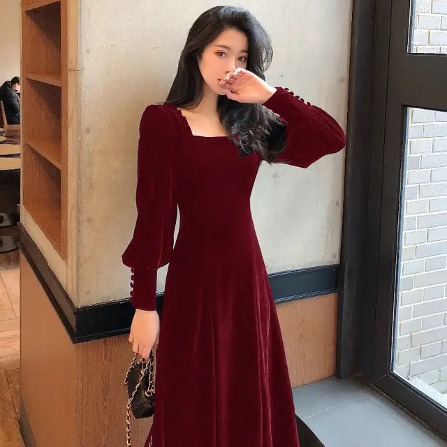 Gold Velvet Women's Slim Square Neck Hepburn Style Autumn And Winter Long Dress Wine Red - Shop at LoveMi