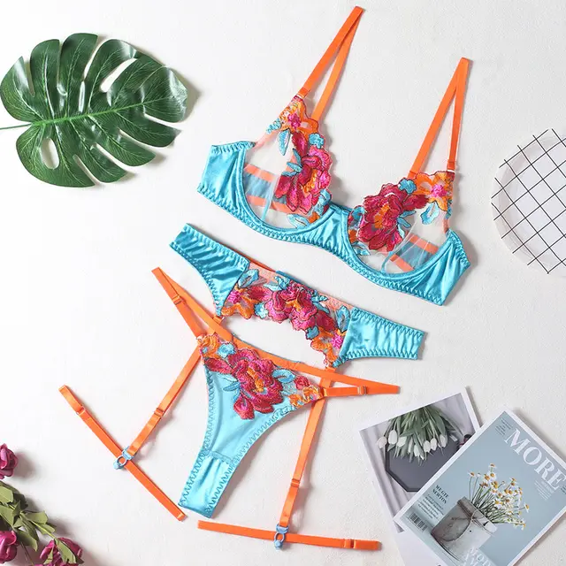 Sexy Four piece Color Matching Embroidery Big Flower Underwear With Steel Ring Blue - Shop at LoveMi