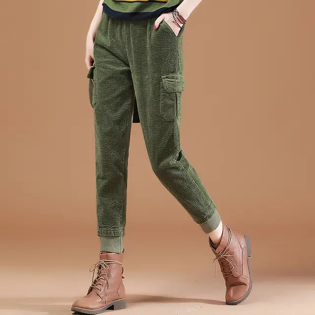 Fall Winter Tooling Corduroy Slacks High Waist Length Green - Shop at LoveMi