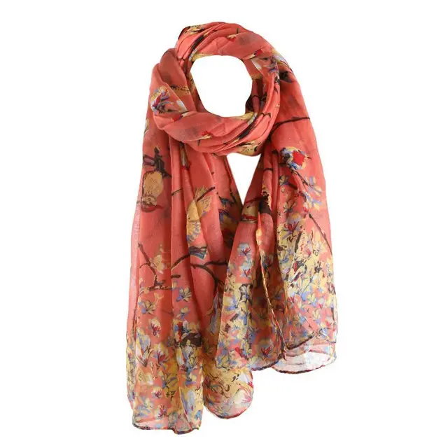 Fashion Twigs And Birds Print Pattern Scarf Watermelon Red - Shop at LoveMi