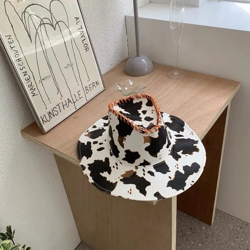Retro Pu Leather Girl Cute Cow On Vacation Western Cowboy Hat Girl Orange - Shop at LoveMi