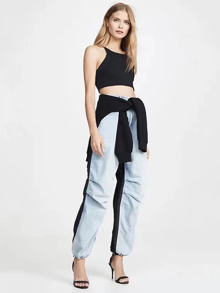 Personality Stitching Casual Jeans Elastic Overalls Light Blue - Shop at LoveMi