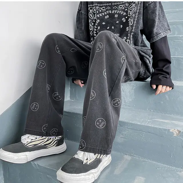 Men's Street Fashion Expression Print Loose Jeans Black - Shop at LoveMi