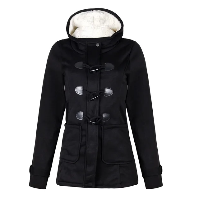 Women Warm Hooded Wool Double Button Coat Black - Shop at LoveMi