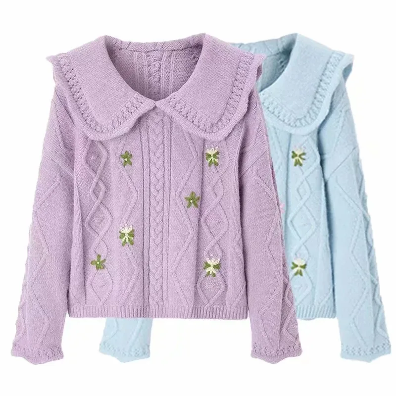 Autumn All-match Women's Retro Flower Sweater Top - Blue