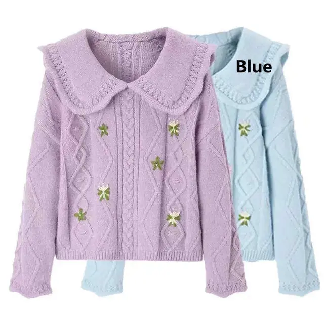 Autumn All match Women's Retro Flower Sweater Top Blue - Shop at LoveMi