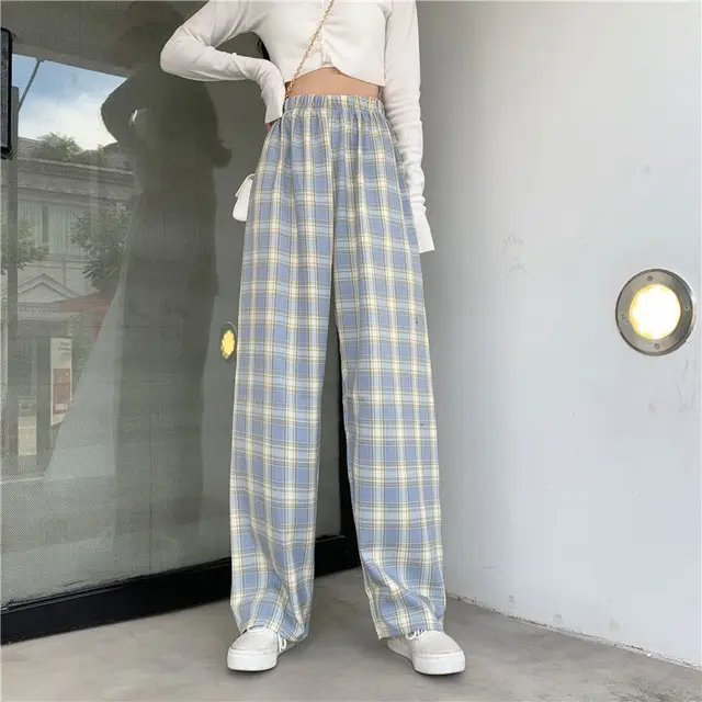 Plaid Wide Leg Pants Women Casual Pants Light Blue Grid - Shop at LoveMi