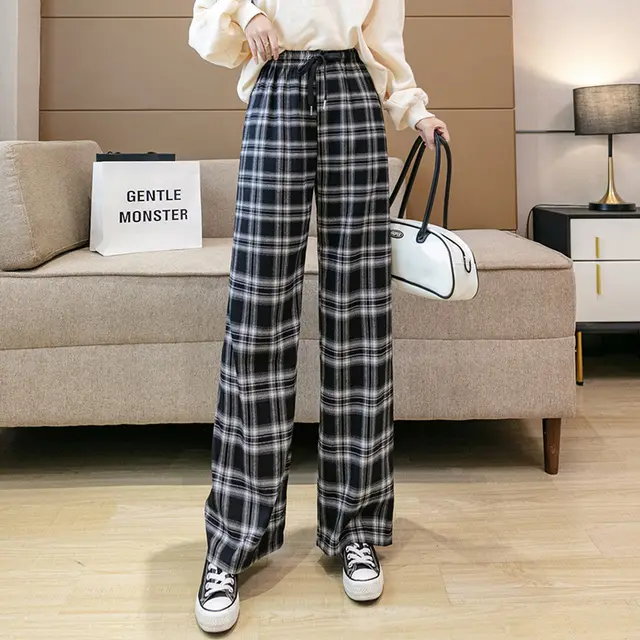 High Waist Loose Straight Drape Net Red Casual Pants Wide Leg Pants Black Grid2 - Shop at LoveMi