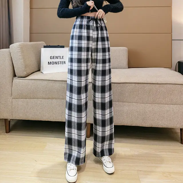 High Waist Loose Straight Drape Net Red Casual Pants Wide Leg Pants White Grid - Shop at LoveMi