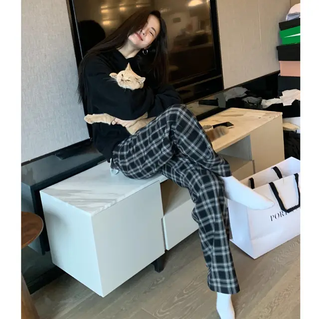 Autumn Loose Straight Leg Slimming Casual High Waist Long Pants Black And Gray Plaid. - Shop at LoveMi