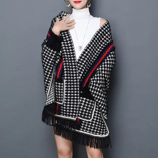 Houndstooth Shawl Women's Outer Wear Autumn And Winter Thickened Black - Shop at LoveMi