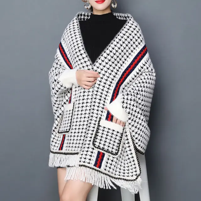 Houndstooth Shawl Women's Outer Wear Autumn And Winter Thickened White - Shop at LoveMi