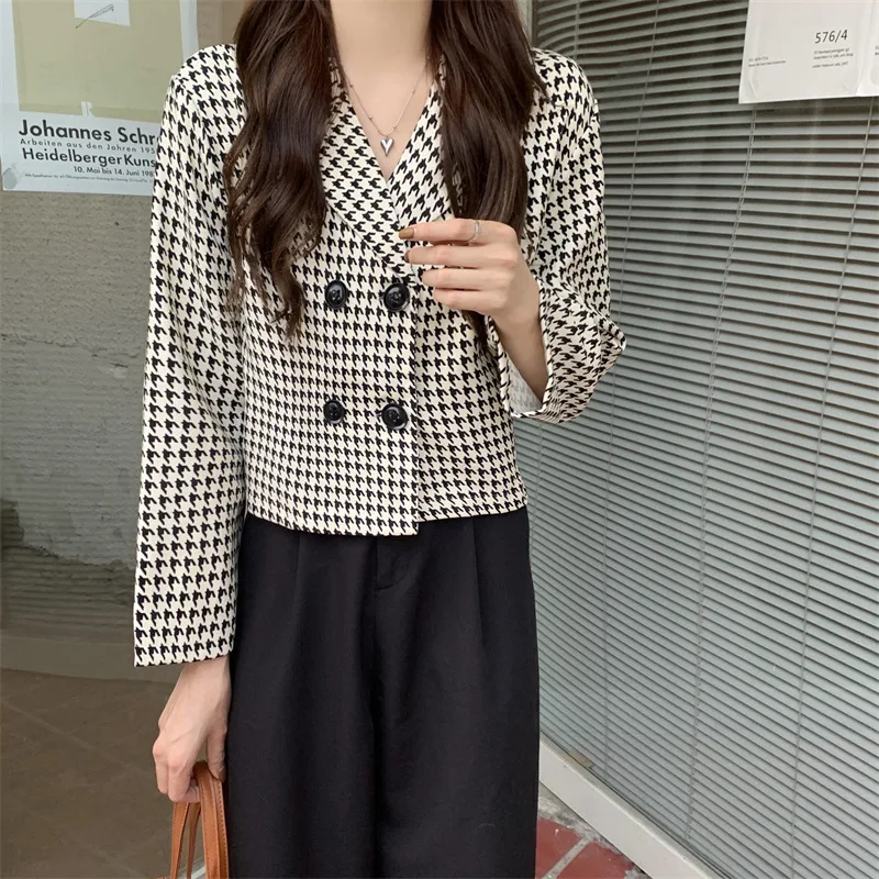 Niche All match Short Retro Houndstooth Suit Jacket White - Shop at LoveMi