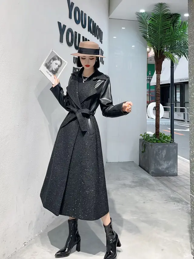 New Style Suit Collar Stitching PU Leather Mid length Over the knee Thickened Thin Windbreaker Jacket Black - Shop at LoveMi