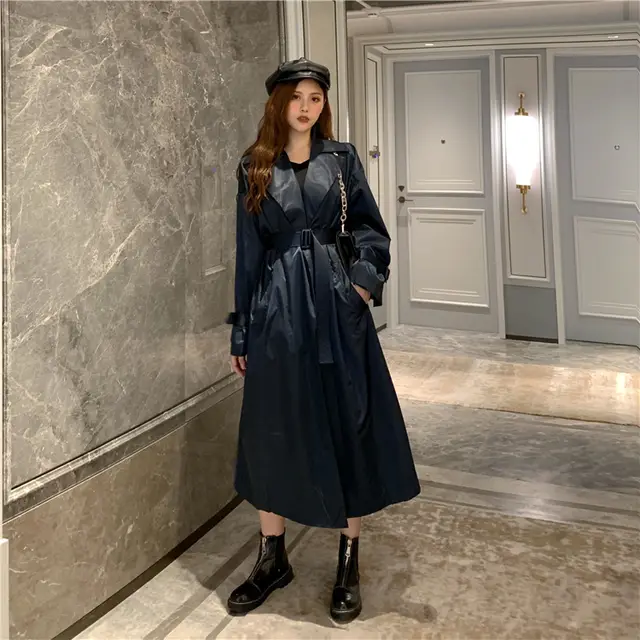 Fashion Loose Long Coat Women Retro Over the knee Lace up Motorcycle - Shop at LoveMi